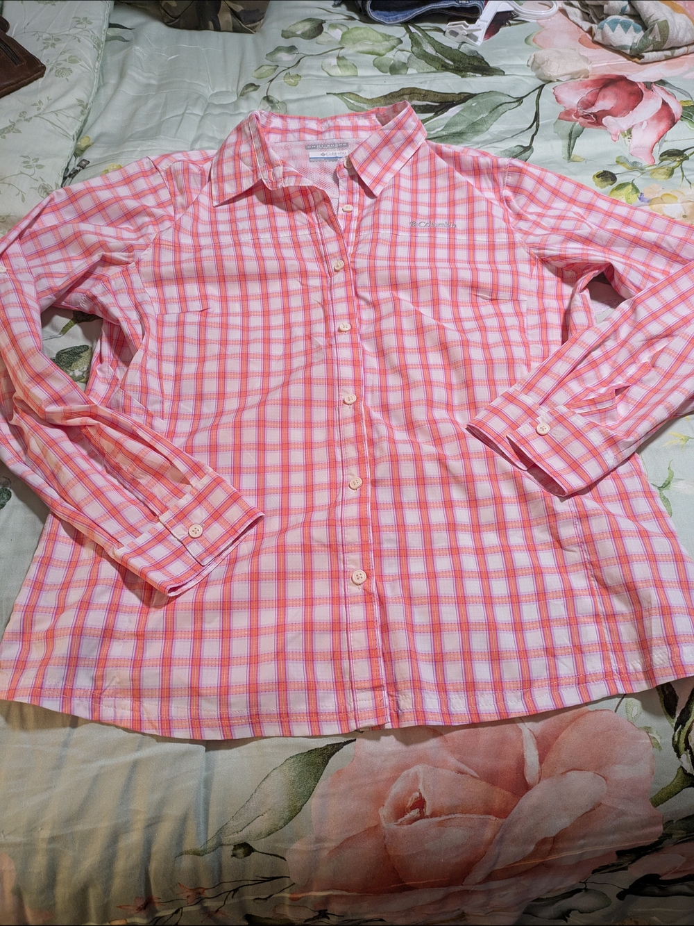 Columbia Pink and Orange Plaid Omni-Shade Button-Up Shirt